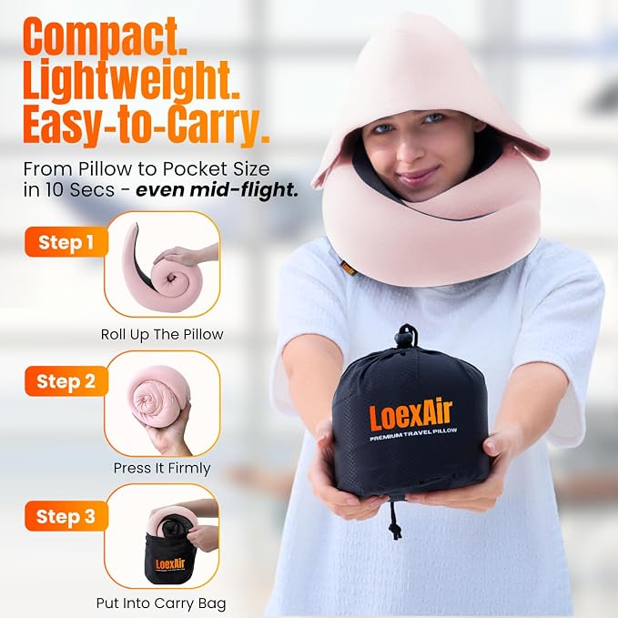 LOEXAIR™ Hooded Pro Travel Pillow - Memory Foam Neck Support Pillow for Airplane, Flight - Super-Soft Pure Cotton Fabric, Maximum Privacy & Light-Block Design, Lightweight Full Travel Kit- Sakura Pink - Image 3