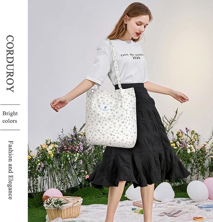 LHMTQVK Corduroy Tote Bags for Women, Large Capacity Tote Purse Reusable Grocery Shoulder Bag with Inner Pockets - Image 6