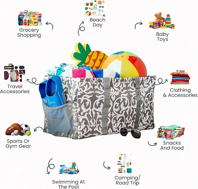 Extra Large Utility Tote Bag - Oversized Collapsible Reusable Wire Frame Rectangular Canvas Basket With Two Exterior Pockets For Beach, Pool, Laundry, Car Trunk, Storage - Damask Gray - Image 4