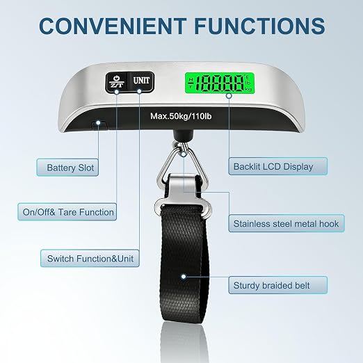 Digital Luggage Scale, 110lb Suitcase Weight Scale for Travel with Backlit LCD Display, 4-Unit Switching, Portable Hanging Baggage Scale for Luggage, Backpacks, Packages (Battery Included) | with Backlit LCD Display, 4-Unit Switching, Hanging Baggage S... - Image 3