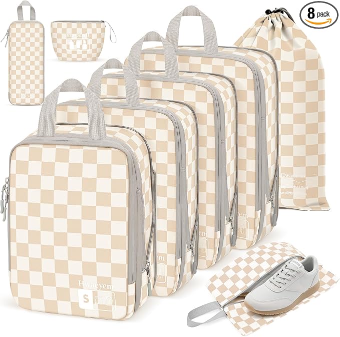 8 Set Compression Packing Cubes Travel, Lightweight Durable Packing Compression Cubes, Accessories Bags Packing Cubes for Travel Luggage Organizer (Khaki Checkered) by HWAEYEM