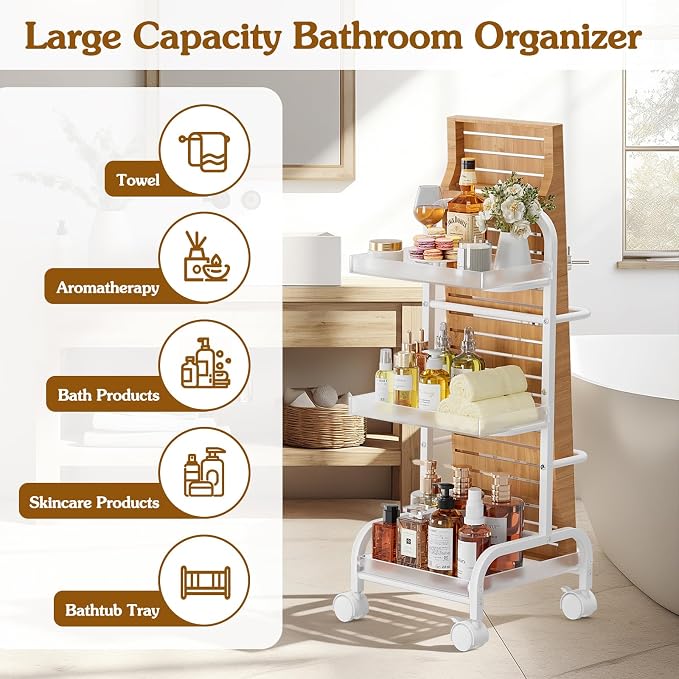 Bathroom Cart with Bathtub Tray Holder, Bathroom Organizers and Storage, Small Slim Shelf Organizer with Bath Tub Caddy Rack, 3 Tier Narrow Skinny Acrylic Rolling Cart for Laundry Room Living Room - Image 7