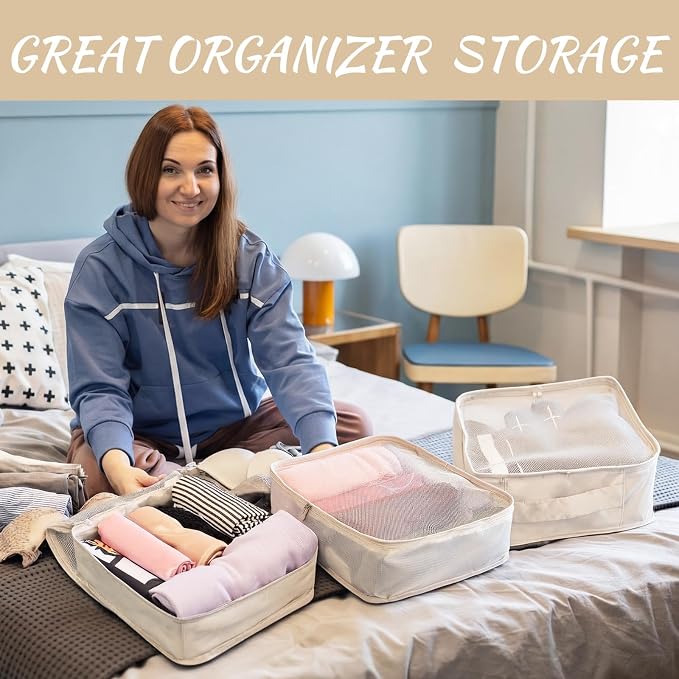 Silkfly 4 Pcs XL Packing Cube for Travel Luggage,Simple,Beige | 17.7 x 13 x 4.7, Same Size, Beige Suitcase Storage Organizer Set, Reusable Mesh Clothes Cube for Hiking Camp Family Accessory - Image 5