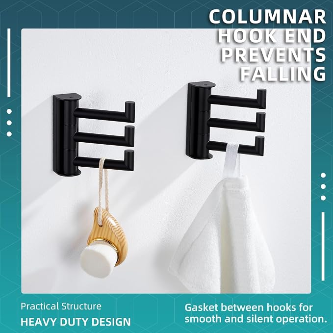Angle Simple Swivel Towel Hooks for Bathrooms, 2 Pack Wall Hook Matte Black | Swing Foldable 3 Arms for Hand Towel Robe Coat, Solid 304 Stainless Steel, Space Saver for Kitchen Shower Closet, Wall Mount - Image 8