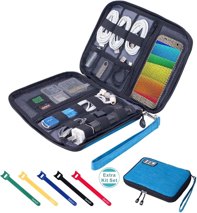 Travel Cable Organizer Bag Waterproof Portable Electronic Accessories Organizer for USB Cable Cord Phone Charger Headset Wire SD Card with 5pcs Cable Ties(Blue) by Sunsir