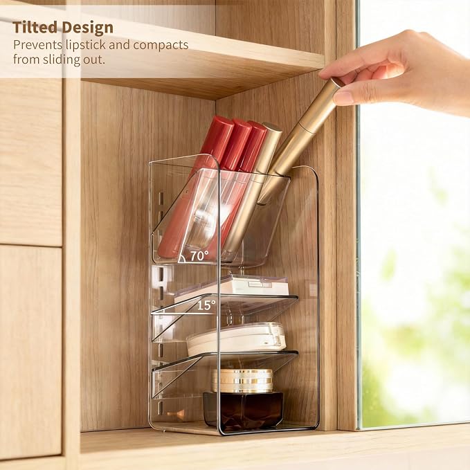 PAVSTINE Medicine Cabinet Organizer with Adjustable Dividers, Clear Vertical Layered Backward Slanting Shelves for Makeup Brush/Lip Gloss/Mascara Storage (3-Tier Slant-Gentle Slant) - Image 3