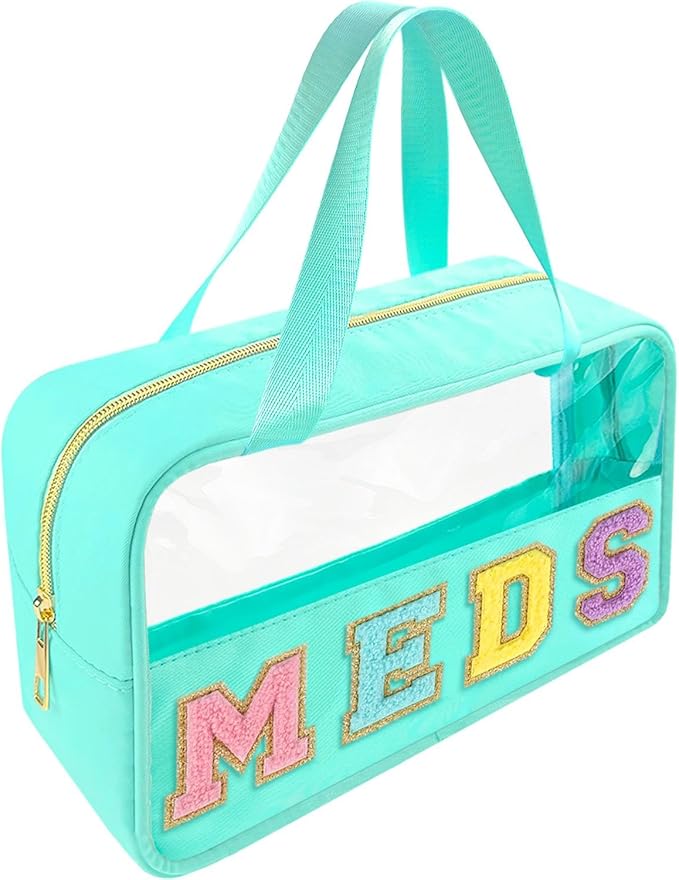 Bunliuys Chenille Letter Clear Makeup Bag Meds Patch, Travel Toiletry Makeup Bag with Handle, Nylon Waterproof Makeup Bags clear cosmetic bag, preppy patch makeup bag for Women (MEDS-Mint Green) by Bunliuys
