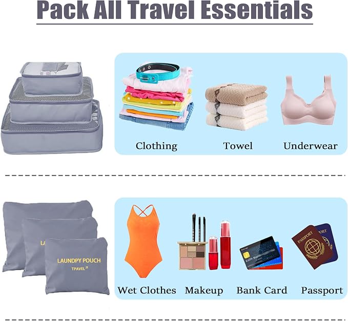 6 Set Packing Cubes for Travel Luggage Packing Bags Reusable Lightweight Suitcase Organizer Cubes Set for Travel Accessories (Grey) - Image 5