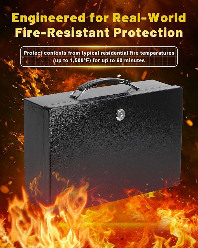 KYODOLED Fireproof Document Box with Key Lock, Small Lock Boxes for Personal Items, Fire and Water Resistance, Fireproof Safe Box for Documents, Jewelry, Passport, Cash, 12.6'' x 8.3'' x 3.58'' Black - Image 2