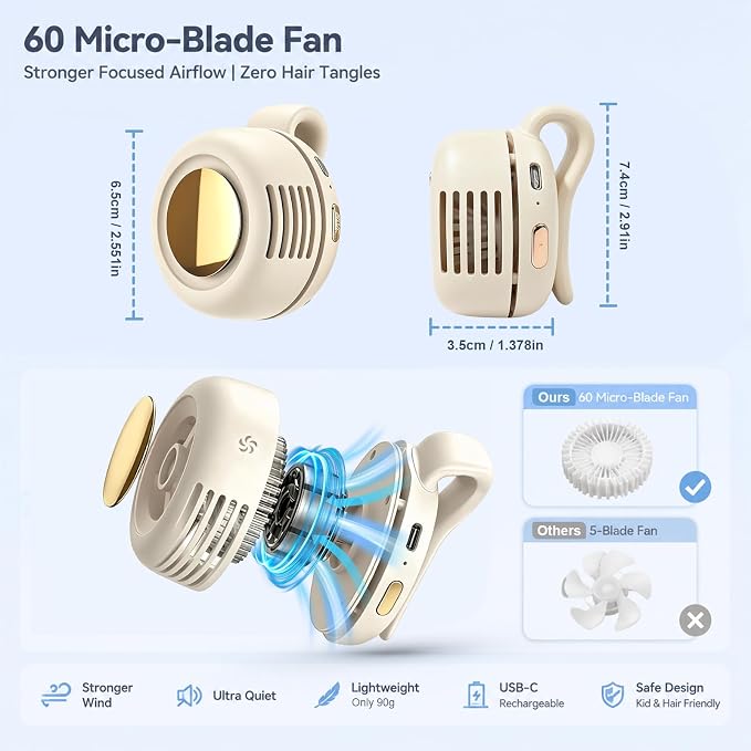 Portable Clip-on Fan Silent Bladeless Mini Fan | 360°Rotation 3-speed Modes Whirlwind Waist Clips Fans Hands-Free Cooling Fan Outdoor Trip Work Travel White - Image 3