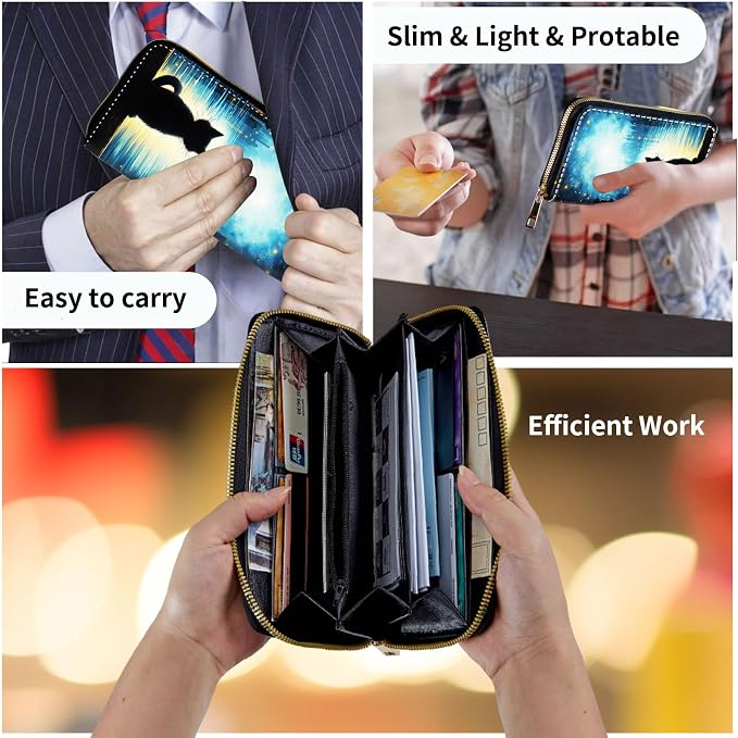 Wallet,Leather Long Wallet Suitable For Ladies And Teenagers - Detachable Wristband + RFID Travel Wallet With Card Slot - Black Cat - Image 7