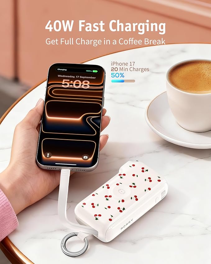 RORRY Flow Portable Charger 10000mAh 40W Wall Plug Power Bank Battery Pack | Built-in USB-C Cable, Keychain Design, Fast Charging, for iPhone 17/16/15, Apple Watch, iPad, 3-in-1, Travel Essential - Image 4
