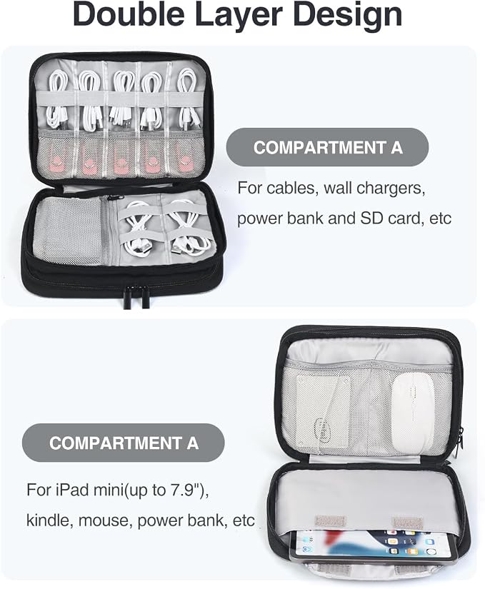 Double Layer Cord Organizer Bag, Portable Cable Storage Case, Flat Electronic Organizer Travel Case, Portable Tech Bag for Cable/Cord Storage/iPad (up to 7.9")/Wall Charger/Electronics - Image 4