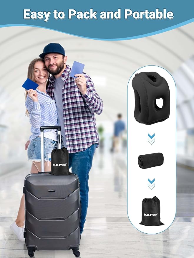 Maliton Inflatable Travel Pillow for Airplane (Black) | Comfortable Sleeping to Relieve Neck Shoulder Pain, Support Head for Long Flights, Used for Airplanes, Cars, Trains, Office - Image 8