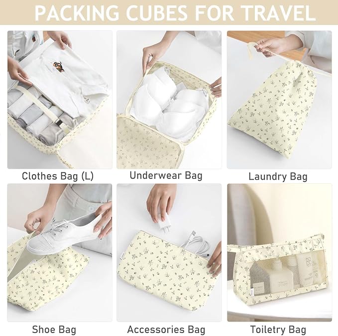 KPX 8 Set Packing Cubes for Travel, Luggage Packing Organizers Accessories Large Toiletries Bag for Clothes Shoes Cosmetics (8Set-Gray Flower) - Image 4