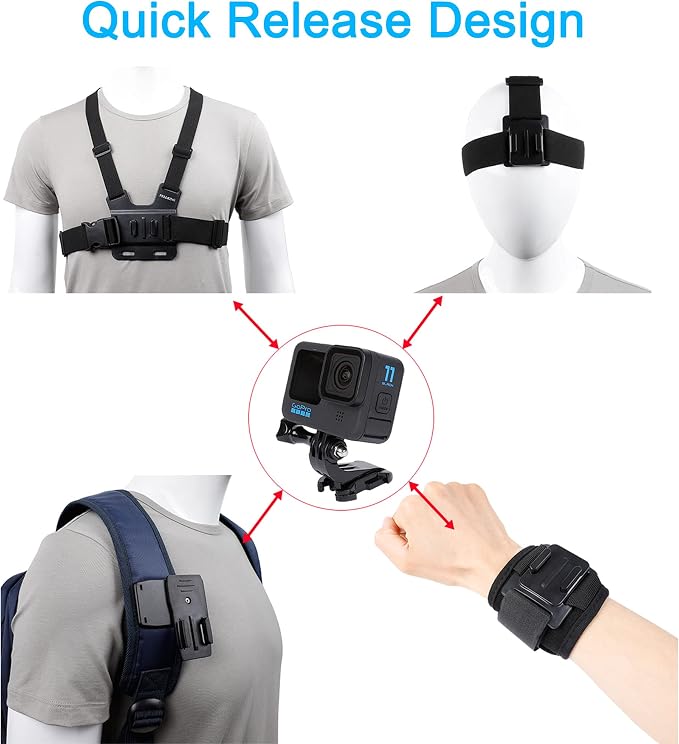 PellKing Accessories Set for GoPro Hero 13/12/11/10/9/8/7/6/5/Mission 1 Pro | New Quick Release Head Strap Mount + Chest Mount Harness + Backpack Clip Holder + 360°Rotating Wrist Strap for DJI Action 6 5 - Image 3