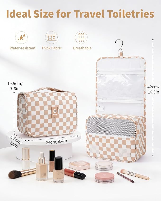 Narwey Small Hanging Travel Toiletry Bag for Traveling Women, Checkered Travel Bag for Toiletries, Makeup Bag Organizer Make Up Cosmetic Bags, Gifts for Kids Teen Girls (Light Brown Checkerboard) - Image 2