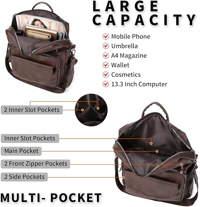 GAEKEAO Backpack Purse for Women PU Leather Anti-theft Backpack Ladies Convertible Large Travel Designer Fashion Shoulder Bag - Image 3