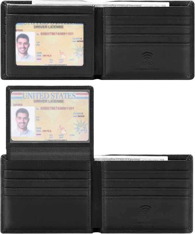 Travelambo Genuine Leather Wallet for Men with Gift Box - Handmade Bifold Stylish - Mens Wallets Rfid Blocking with 2 ID Windows by Travelambo