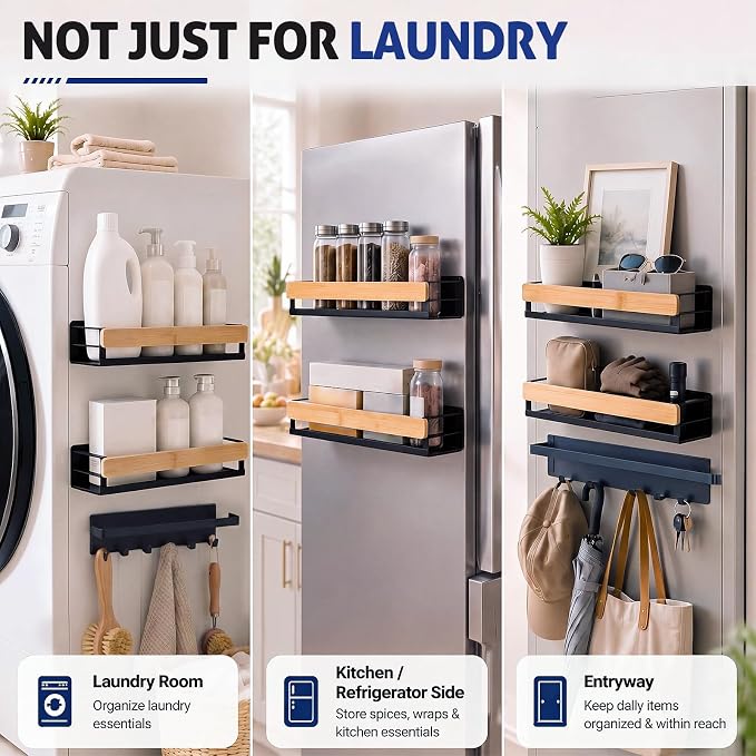 Bamboo 3 Pack Magnetic Shelves for Washing Machine, Black Bamboo | Magnetic Laundry Shelf, Laundry Room Organization, Heavy-duty Storage for Kitchen Refrigerator, Detergent Holder with Hooks - Image 6