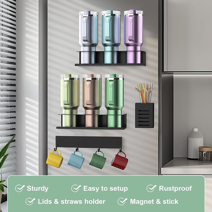 POLRAI 4 Pack Magnetic Cup Holder for Refrigerator, Water Bottle Organizer for Stanley and Tumbler, Accessory with Lid Hook Straw Holder and Double Sided Tape for Kitchen Fridge Cabinet - Image 6