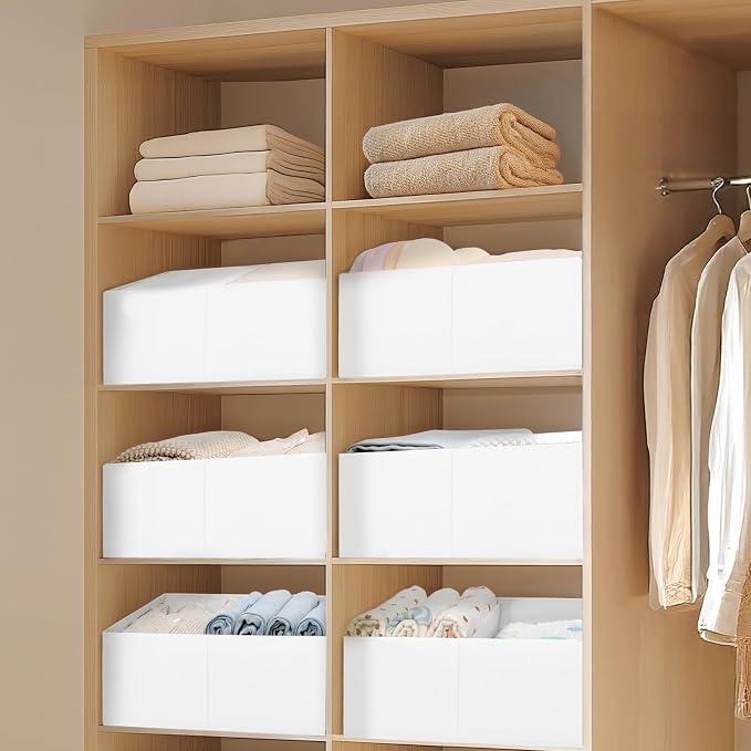 DIMJ Large Closet Shelf Organizer Bins 8 Packs with Handles and Divider, Fabric Trapezoid Storage Baskets, Foldable Clothes Containers Box for Shelf, Towel, Book, Toy, Purse, Hats, White - Image 4