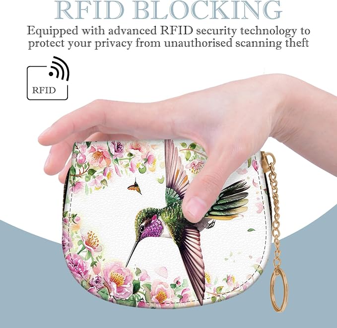 Women's Slim RFID Wallet – Compact Leather Card Holder Wallet for Women, 9 Card Slots RFID Blocking Credit Card Organizer, Small Travel Wallet - Hummingbird and Flowers - Image 5