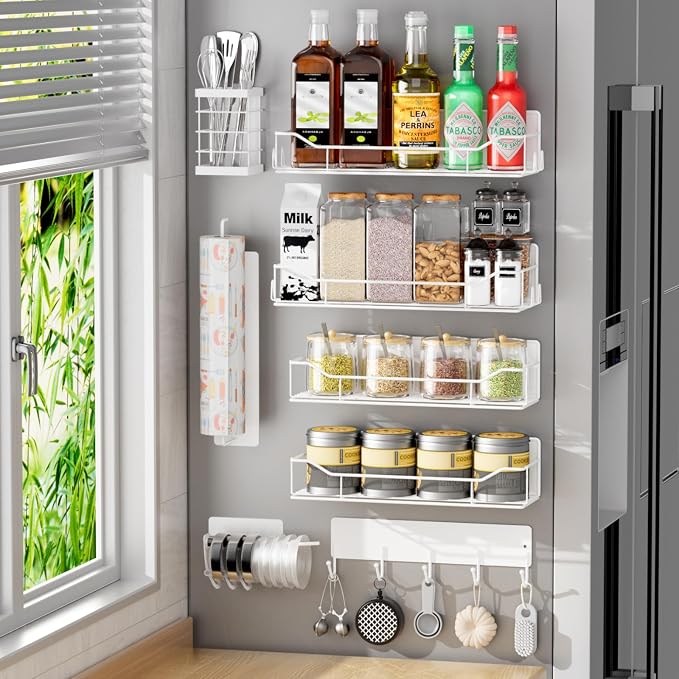 Magnetic Spice Rack for Refrigerator,8 Pack Magnetic Fridge Shelf, Moveable Spice Organizer with Hook Rack, Paper Towel Holder, Utensil Holder,cup lid holder, Super Magnetic Rack Set (White) by IYEBAU