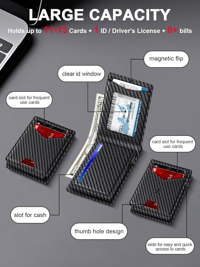 Wallet for Men RFID Blocking Minimalist Card Holder Wallet for 12-14 Cards | Slim Bifold Smart Wallet with ID Window & Cash Slot, Front Pocket Compact Metal Credit Card Case, Birthady Gifts for Men - Image 5