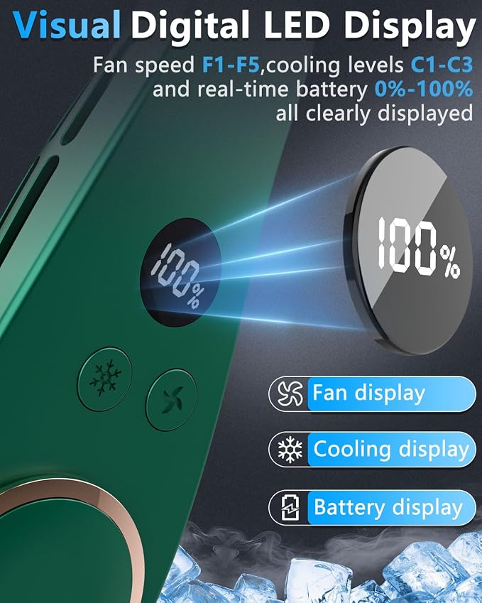 Neck Fan with Cooling Plate-24H Quiet Powerful Fans that Blow Cold Air-5 Speed&Power LED Display-USB 5500mAh Bladeless Wearable Personal AC Cooler for Women,Men,Kids,Travel,Outside,Indoor Green - Image 5