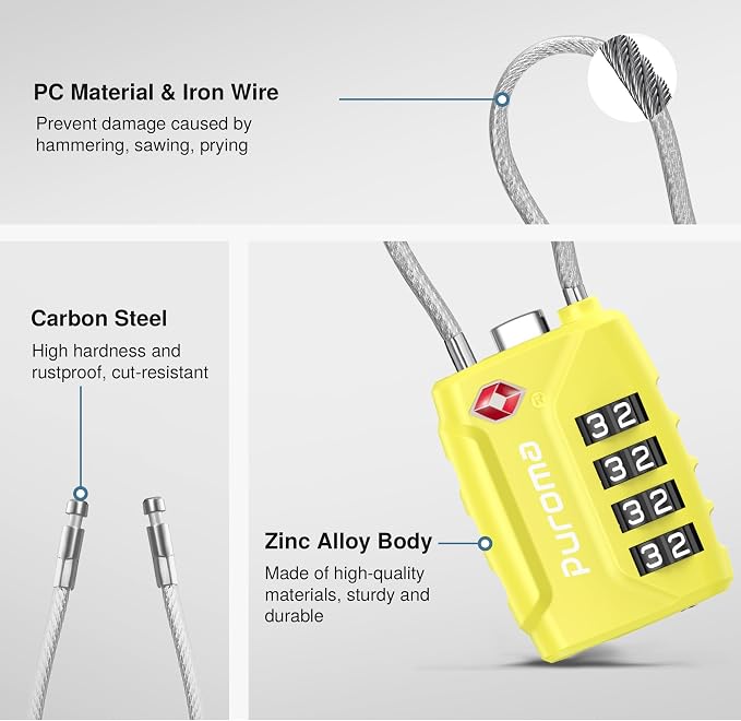 Puroma 2 Pack TSA Approved Luggage Locks 4 Digit Code Cable Lock Yellow | Resettable, Flexible Cable, Zipper holes, Zinc Alloy, Bright Color, Large White Numbers, Suitcase Train Travel, laptop bag - Image 5