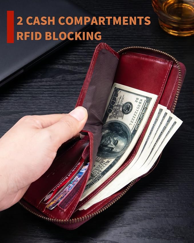 Men's Leather RFID Wallet with Zipper, 14 Card Slots, ID Window | Zippered coin pocket separates loose change; organized for commuting and everyday carry (Red) - Image 6