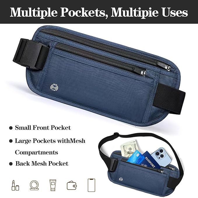 Blue Hidden Money Belt for Travel for Men, Waist Wallet Anti Theft, RFID Passport Holder For Travel Men Or Women, Money Pouch, RFID Passport Holder - Image 5