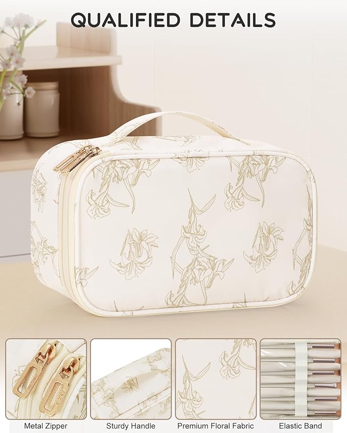 Relavel Travel Small Makeup Bag, Floral Cosmetic Bag with Brush Compartment | Portable Makeup Pouch for Women, Double Layer Cute Toiletry Organizer Bag with Accessories, Lily Floral - Image 4
