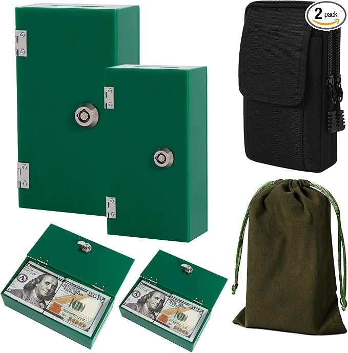 Acrylic Cash Box for Gambler 2 Pack Large and Small, Green Winners Bank with Keys, Slot, Storage Bag, Waist Bag, Portable Casino Money Organizer Safe Lock Box for Gamblers, Christmas Gift for Men by ClarityCraze