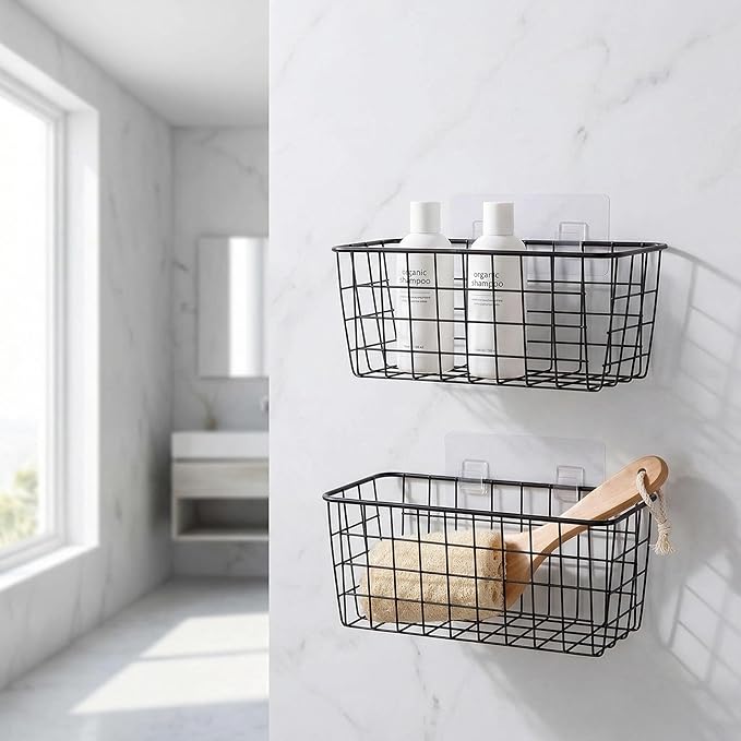 2 Set Adhesive Hanging Wall Basket Inside Cabinet Door Organizer,Wall Storage Basket-No Drilling Adhesive wall Basket for Cupboard Door,Space-Saving Small Hanging Baskets for Wall Mount Storage,Black - Image 6