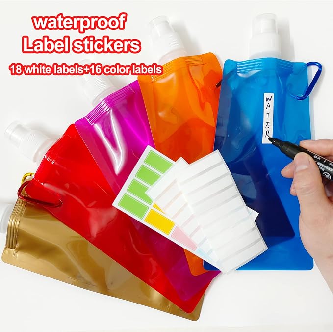 smilixin 10 Pack Collapsible Water Bottles,Collapsible Bag Water Bottles | Drinking Water Bags with Carabiner Clip,480ml Travel Water Bottle,Leak Proof,Reusable,BPA Free for Camping,Hiking Travel,Gym - Image 4