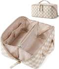 BAGSMART Puffy Travel Makeup Bag Toiletry Bag for Women, Checkred Khaki | Open Flat, Portable, Make Up Organizer, Water-resistant, Puffy Padded, For Toiletries, Brushes by BAGSMART