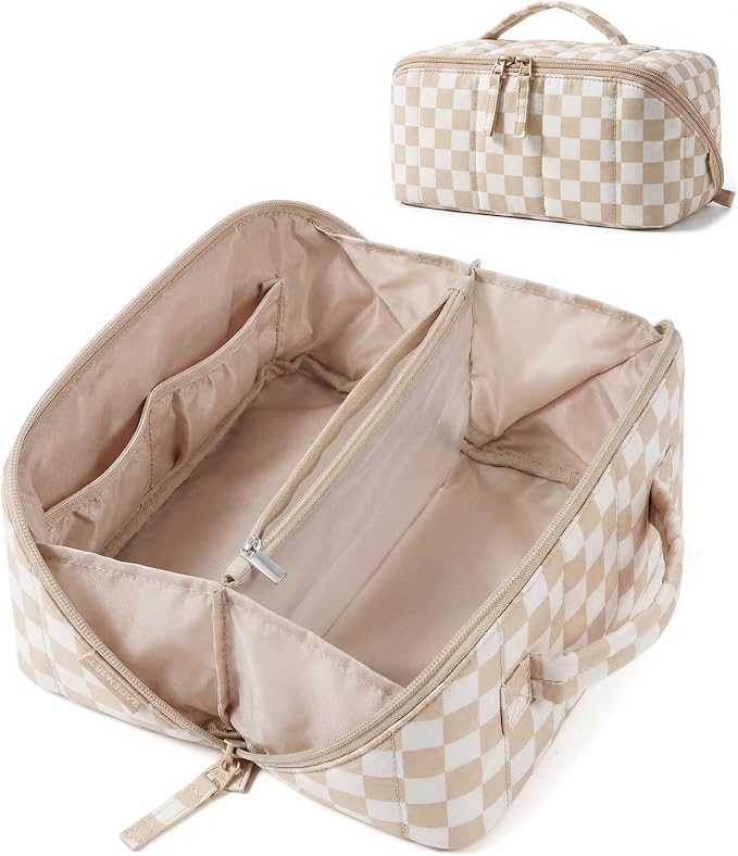 BAGSMART Puffy Travel Makeup Bag Toiletry Bag for Women, Checkred Khaki | Open Flat, Portable, Make Up Organizer, Water-resistant, Puffy Padded, For Toiletries, Brushes by BAGSMART