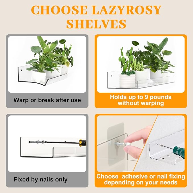 LAZYROSY 6 Pack Floating Shelves - Clear Acrylic/PET Wall Mounted Non-Drilling Storage Rack with Adhesive, Invisible Bathroom and Bedroom Shelves for Kitchen, Living Room, Clear Decoration - Image 4