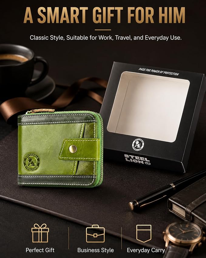 Men's Leather RFID Wallet with Zipper, 14 Card Slots, ID Window | Zippered coin pocket separates loose change; organized for commuting and everyday carry (Green) - Image 7