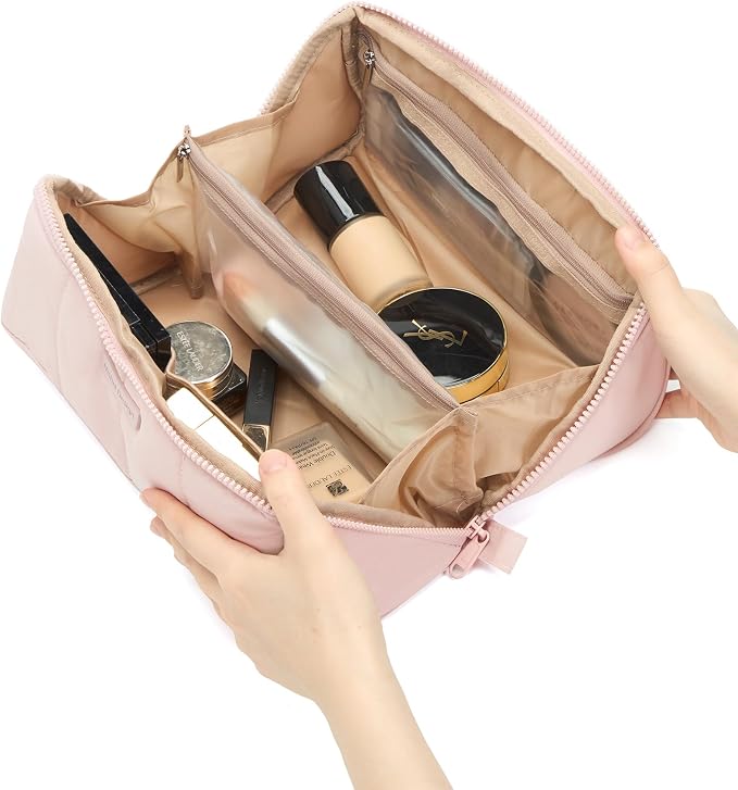 NISHEL Travel Makeup Bag for women, Organizer Pouch Cosmetic Case | Open-flat design keeps cosmetics, brushes, and beauty tools organized for travel and daily routines, Large, Pink - Image 5