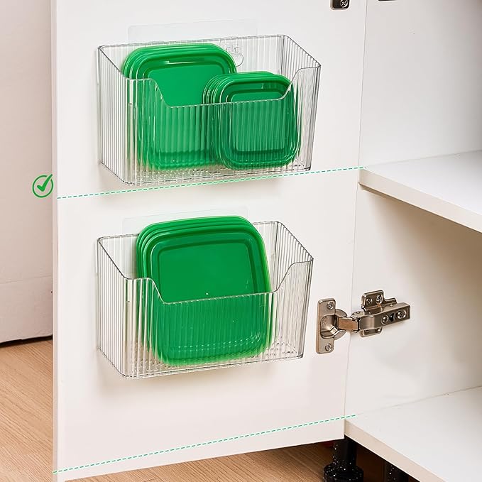 Sinnsally 2 Pack Cabinet Door Organizer,Self Adhesive Lid Organizer Inside Cabinet Storage Boxes,Stackable Hanging Basket Bins Wall Mounted Shower Caddy Holder for Kitchen,Bathroom,Pantry(Clear White) - Image 3