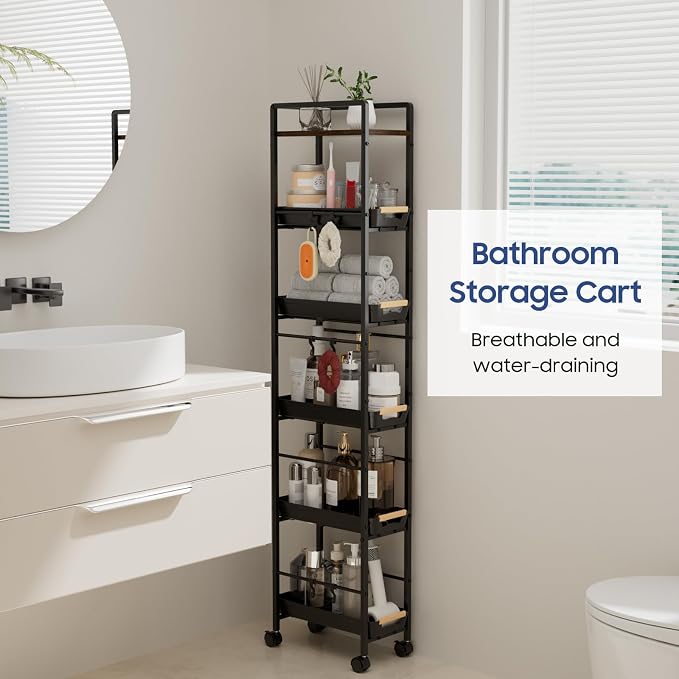 6 Tier Slim Storage Cart with Pull-Out Baskets Rolling Cart with Wheels Wood Top Narrow Utility Cart Metal Shelving Units for Pantry Laundry Room Bathroom Kitchen Black 8in(W) - Image 6