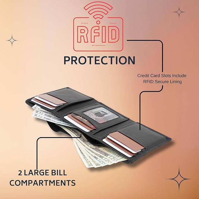 AG Wallets RFID Blocking Wallet for Men - Trifold Minimalist Slim Wallet with 10 Credit Card Slots & 3 Side Slots - 100% Genuine Leather Travel Wallet - Secure Compact Wallet - Black - Image 4