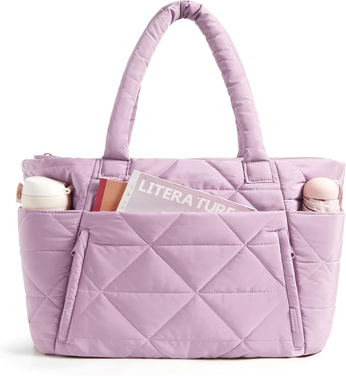 BAGSMART Tote Bag for Women, Puffer Tote Bag with Zipper, Large Quilted Shoulder Bag with Compartments for Travel, Work, Gym by BAGSMART