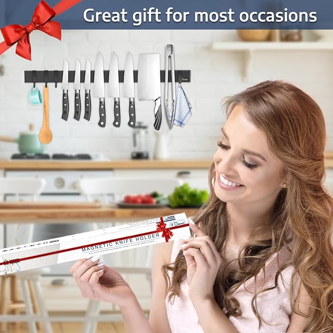 Dmore magnetic knife holder for wall—with 4 hooks, No Drilling 23 Inch black knife magnetic strip, Powerful knife magnet rack, include Adhesive Tape and screws for Knives, Utensils, and Tools - Image 6