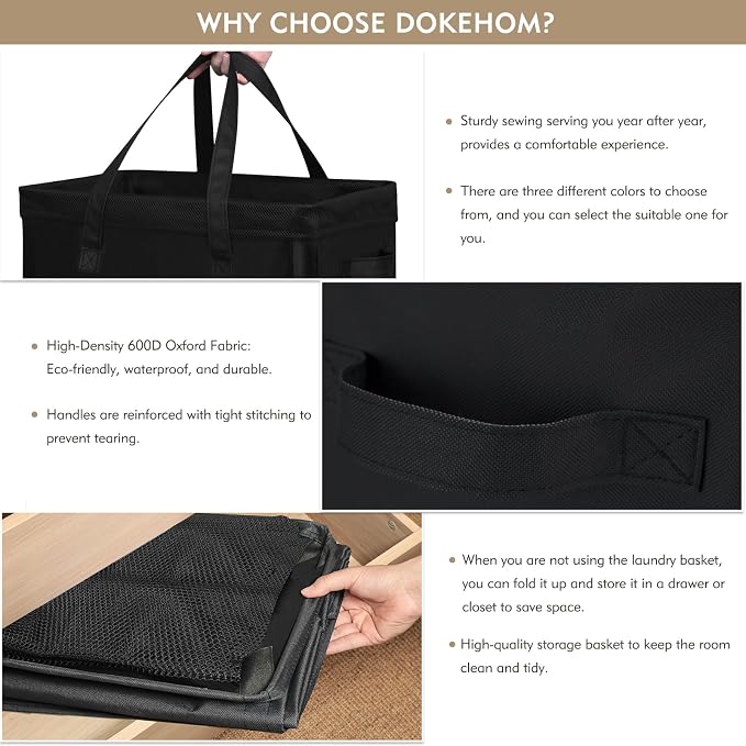 DOKEHOM 90L X-Large Rolling Laundry Basket Hamper on Wheels, Black | Collapsible clothes hamper with removable mesh wash bag. High-capacity foldable washing bin organizer - Image 4