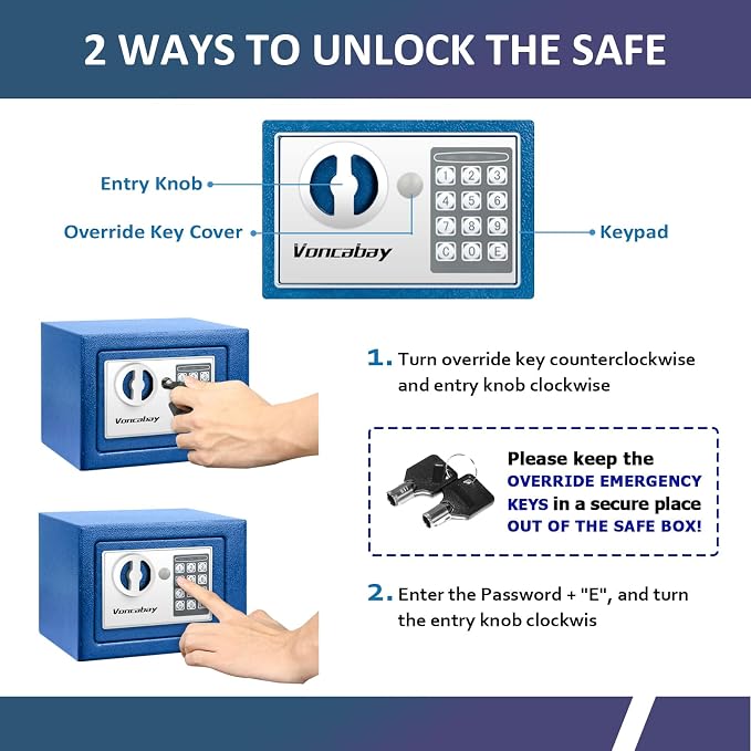 Voncabay Money Safe Box for Home with Digital Keypad, 0.23 Cu. Ft., Blue | Alloy Steel, Sensor Light, Fireproof Bag Included, 2 Override Keys, 4 Mounting Screws, Carpeted Mat, 9 x 6.6 x 6.5 In. - Image 7