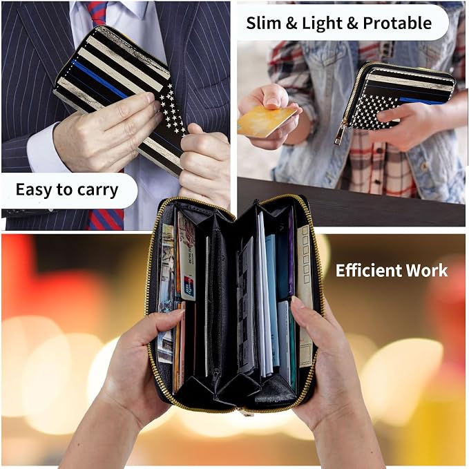 Wallet,Leather Long Wallet Suitable For Ladies And Teenagers - Detachable Wristband + RFID Travel Wallet With Card Slot - Thin Blue Line American Flag - Image 7